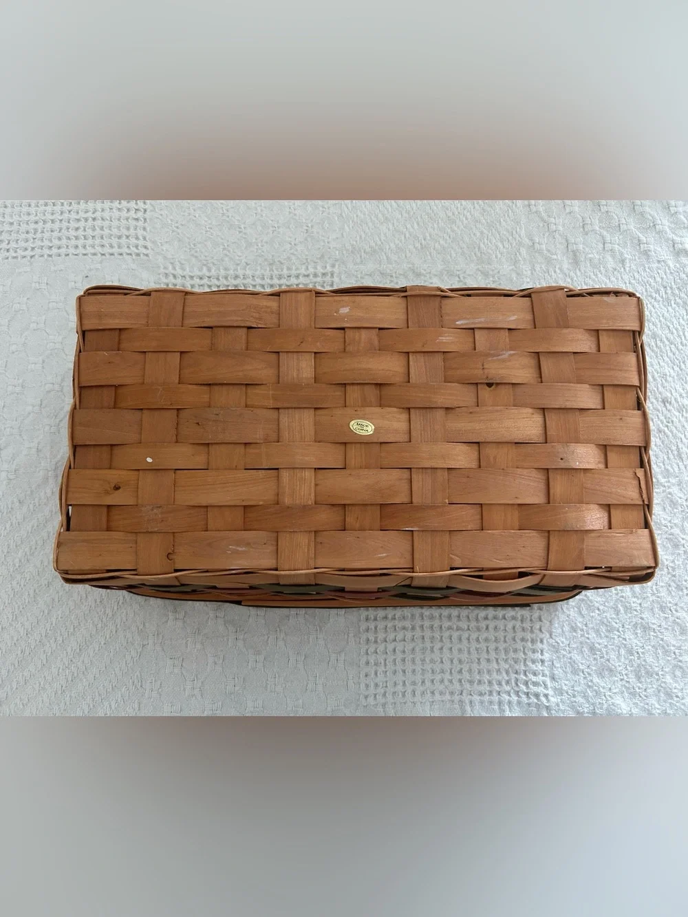 Handwoven Natural Wood Tray Basket with Green and Red Accents